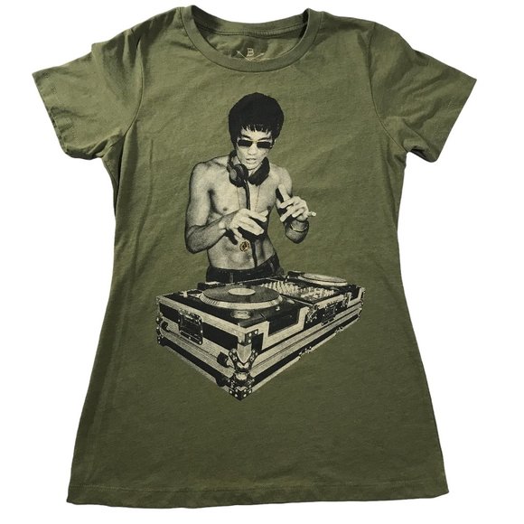 Bruce Lee Tops - Bruce Lee DJ Dragon Graphic T-shirt Gold Glitter Olive Green Junior Size M
